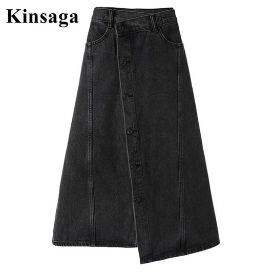 Women Asymmetrical Striped Midi Long Black Jean Skirt Skort 3XL Summer High Waist Button Up Office Elegant Wrap Denim Cool Skirt