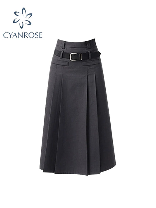 Women Grey Skirts Vintage High Waist Pleated Long Skirt Female 2022 Autumn Japanese Fashion A-Line Skirt College Style Harajuku