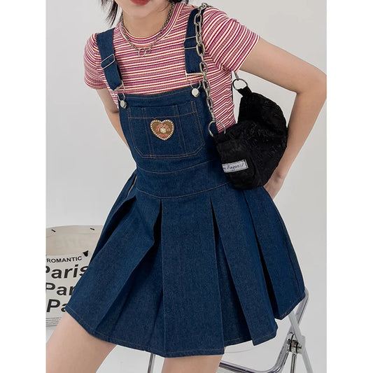 Women&#39;s Blue Denim Straps Half Body Skirt Love Pocket Casual Fashion High Waist Baggy Pleated A-Line Short Skirt Ladies Summer